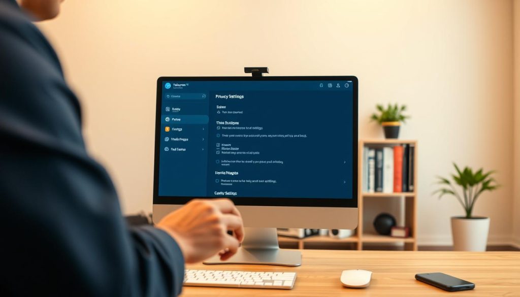 A serene room designed for privacy settings featuring a computer screen displaying the Telegram privacy settings interface. In the foreground, a person's hands are seen interacting with the interface, dressed in smart casual attire. The middle area showcases a close-up of the computer screen, featuring sleek icons and options from the Telegram app, with clear visibility of the privacy settings. The background includes soft-focus elements, such as a bookshelf with tech-related books and a small plant, conveying a modern, tech-savvy atmosphere. The lighting is warm and inviting, highlighting the focus on the screen, with a slightly blurred background to emphasize the subject. The overall mood is professional and focused, suitable for a guide on adjusting privacy settings. A serene room designed for privacy settings featuring a computer screen displaying the Telegram privacy settings interface. In the foreground, a person's hands are seen interacting with the interface, dressed in smart casual attire. The middle area showcases a close-up of the computer screen, featuring sleek icons and options from the Telegram app, with clear visibility of the privacy settings. The background includes soft-focus elements, such as a bookshelf with tech-related books and a small plant, conveying a modern, tech-savvy atmosphere. The lighting is warm and inviting, highlighting the focus on the screen, with a slightly blurred background to emphasize the subject. The overall mood is professional and focused, suitable for a guide on adjusting privacy settings.