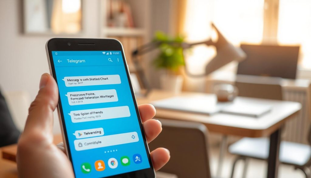 A sleek Android smartphone displaying the Telegram app interface, with a prominent message being forwarded. The foreground features a close-up of the phone's screen showing a vibrant chat conversation, where a message is highlighted for forwarding, with colorful icons representing different options. In the middle ground, a person's hand in professional attire gently reaches for the phone, emphasizing user engagement. The background presents a soft-focus home setting, with a neatly arranged desk and a window letting in warm, natural light. The overall atmosphere is friendly and inviting, suggesting a seamless and modern communication experience. The image should have a warm glow, capturing the ease of using technology to connect with friends. A sleek Android smartphone displaying the Telegram app interface, with a prominent message being forwarded. The foreground features a close-up of the phone's screen showing a vibrant chat conversation, where a message is highlighted for forwarding, with colorful icons representing different options. In the middle ground, a person's hand in professional attire gently reaches for the phone, emphasizing user engagement. The background presents a soft-focus home setting, with a neatly arranged desk and a window letting in warm, natural light. The overall atmosphere is friendly and inviting, suggesting a seamless and modern communication experience. The image should have a warm glow, capturing the ease of using technology to connect with friends.