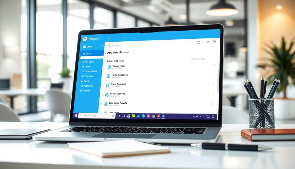 A sleek and modern desktop setup featuring the Telegram desktop application open on a computer screen, displaying an interface with options for data export in a visually organized layout. In the foreground, there is a stylish laptop with a clear view of the data export format selection menu, featuring user-friendly icons and checkboxes. The middle ground shows a well-lit desk with organizational tools like a notebook and a stylish pen, enhancing the productivity vibe. The background includes a softly blurred office environment with a large window letting in natural light, creating a warm and inviting atmosphere. The scene is elevated with soft shadows and a gentle focus on the laptop's screen, reflecting a professional yet approachable setting, ideal for users learning about data export in Telegram.