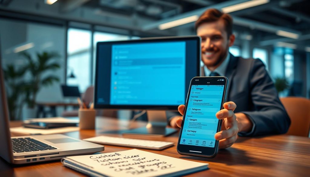 A sleek and modern office environment featuring a computer screen displaying the Telegram chat settings interface. In the foreground, a close-up of a well-organized desktop with a laptop, a smartphone displaying the Telegram app, and a notepad with scribbled notes on customizing chat groups. The middle ground shows a blurred view of a professional, dressed in smart casual attire, thoughtfully adjusting the settings on their device, with a subtle smile reflecting satisfaction. The background showcases a contemporary office with soft, ambient lighting, emphasizing a productive mood. Use a wide-angle lens perspective to capture the workspace, while achieving a focus on both the digital interface and the human element, creating a harmonious atmosphere of technology and personalization. A sleek and modern office environment featuring a computer screen displaying the Telegram chat settings interface. In the foreground, a close-up of a well-organized desktop with a laptop, a smartphone displaying the Telegram app, and a notepad with scribbled notes on customizing chat groups. The middle ground shows a blurred view of a professional, dressed in smart casual attire, thoughtfully adjusting the settings on their device, with a subtle smile reflecting satisfaction. The background showcases a contemporary office with soft, ambient lighting, emphasizing a productive mood. Use a wide-angle lens perspective to capture the workspace, while achieving a focus on both the digital interface and the human element, creating a harmonious atmosphere of technology and personalization.