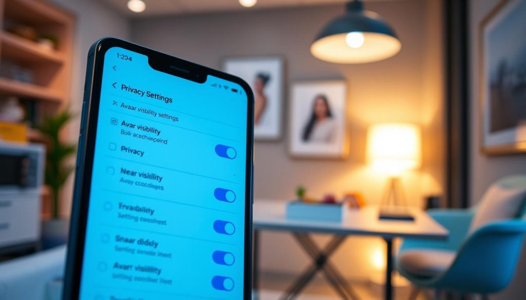 A sleek mobile phone displaying the settings interface for privacy options, specifically focusing on avatar visibility settings in a vibrant digital environment. In the foreground, the phone screen is prominent, showcasing various toggle switches and icons representing different privacy levels—some highlighted in soft blue tones. The middle ground features a blurred workspace with a modern desk and ambient lighting, creating a tech-savvy atmosphere. The background subtly depicts a cozy home office setting with elegant decor, hinting at privacy and security within digital communications. The overall mood is professional yet inviting, with a warm, soft light illuminating the scene, suggesting clarity and user-friendliness in managing privacy settings. A sleek mobile phone displaying the settings interface for privacy options, specifically focusing on avatar visibility settings in a vibrant digital environment. In the foreground, the phone screen is prominent, showcasing various toggle switches and icons representing different privacy levels—some highlighted in soft blue tones. The middle ground features a blurred workspace with a modern desk and ambient lighting, creating a tech-savvy atmosphere. The background subtly depicts a cozy home office setting with elegant decor, hinting at privacy and security within digital communications. The overall mood is professional yet inviting, with a warm, soft light illuminating the scene, suggesting clarity and user-friendliness in managing privacy settings.