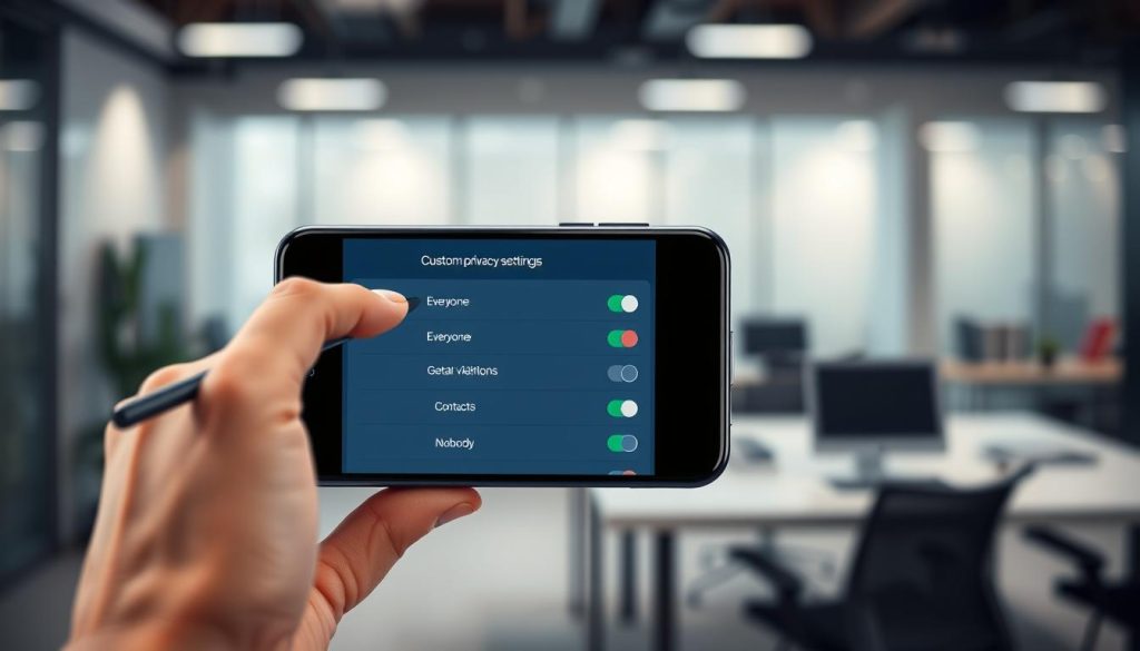 A sleek, modern digital privacy interface displayed on a high-tech smartphone. In the foreground, a hand with a stylus hovers over the screen, highlighting the 'Custom Privacy Settings' option. The middle ground features an engaging layout of the app interface, showcasing toggles for visibility options—'Everyone,' 'Contacts,' and 'Nobody'—with colorful icons representing each choice. The background is a softly blurred office setting with ambient lighting, suggesting a focused workspace. The atmosphere is one of professionalism and technological sophistication, evoking a sense of empowerment in personal data control. The image conveys a calm and organized feel, emphasizing the importance of managing privacy in a digital world.