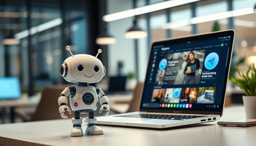 A sleek, modern representation of a Telegram bot, depicting a digital assistant with a friendly, animated face and an array of colorful icons surrounding it. In the foreground, the bot stands confidently on a desk, with a laptop displaying the Telegram web interface in the middle ground. The background features a stylish office environment with soft ambient lighting, highlighting the focus on technology and productivity. The atmosphere is vibrant yet professional, suggesting innovation and convenience. The composition is balanced, shot from a dynamic angle that captures both the bot and the laptop screen clearly, emphasizing the connection between advanced features and user-friendliness.