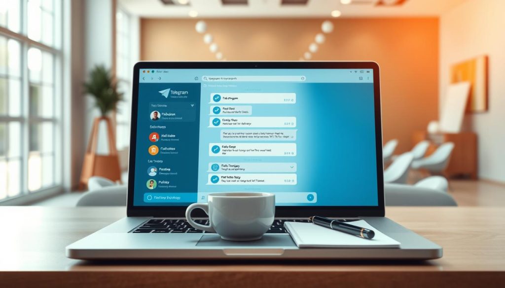 A sleek, modern workspace featuring a laptop open to the Telegram app interface, showcasing the typical features of the regular version. The foreground displays the laptop screen clearly, with visible chat bubbles and a user-friendly layout. In the middle, a cup of coffee and a notepad with a pen sit casually next to the laptop, emphasizing a productive atmosphere. The background includes a bright, minimalistic office design with soft natural lighting coming through a large window, creating an inviting and focused mood. The angle is slightly elevated, allowing for a clear view of the screen while capturing the essence of modern communication. A sleek, modern workspace featuring a laptop open to the Telegram app interface, showcasing the typical features of the regular version. The foreground displays the laptop screen clearly, with visible chat bubbles and a user-friendly layout. In the middle, a cup of coffee and a notepad with a pen sit casually next to the laptop, emphasizing a productive atmosphere. The background includes a bright, minimalistic office design with soft natural lighting coming through a large window, creating an inviting and focused mood. The angle is slightly elevated, allowing for a clear view of the screen while capturing the essence of modern communication.