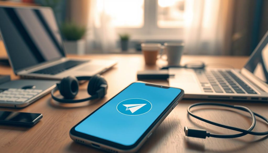 A sleek smartphone displaying the Telegram logo on its screen, positioned prominently in the foreground. The phone is surrounded by various tech items, such as a laptop, headphones, and charging cables, symbolizing modern communication. In the middle ground, a clean and organized desk with a soft-focus background of a cozy home office setting. The lighting is warm and inviting, with natural light filtering through a window, casting gentle shadows. The mood conveys a sense of productivity and ease as the viewer contemplates downloading the app. Capture the scene from a slightly elevated angle to showcase the details on the phone screen while keeping the background elements in context. The overall atmosphere is professional yet approachable, emphasizing digital connectivity. A sleek smartphone displaying the Telegram logo on its screen, positioned prominently in the foreground. The phone is surrounded by various tech items, such as a laptop, headphones, and charging cables, symbolizing modern communication. In the middle ground, a clean and organized desk with a soft-focus background of a cozy home office setting. The lighting is warm and inviting, with natural light filtering through a window, casting gentle shadows. The mood conveys a sense of productivity and ease as the viewer contemplates downloading the app. Capture the scene from a slightly elevated angle to showcase the details on the phone screen while keeping the background elements in context. The overall atmosphere is professional yet approachable, emphasizing digital connectivity.
