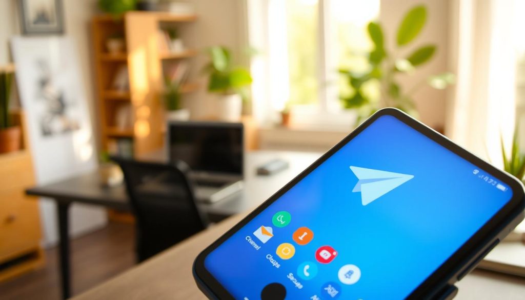 A vibrant smartphone screen showcasing the Telegram app interface prominently in the foreground. The screen is alive with colorful chat bubbles and icons representing Telegram's features like channels, groups, and secure messaging. In the middle ground, a modern workspace is visible, with a sleek desk, a laptop, and a notepad, emphasizing a tech-savvy environment. The background features soft blurred elements like plants and bookshelves, enhancing the atmosphere of a cozy home office. Warm, natural lighting pours in from a nearby window, creating an inviting glow. The overall mood is professional yet accessible, reflecting innovation and communication. No text or signatures present in the image.