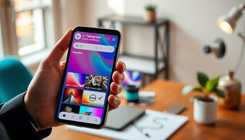 A visually engaging scene showcasing the Telegram official theme library interface. In the foreground, display a sleek, modern smartphone held by a user in professional attire, vividly displaying the Telegram app with various vibrant themes. In the middle ground, feature a colorful selection of theme previews, including light and dark modes with unique color palettes, arranged in an appealing grid. The background should be softly blurred to depict a cozy workspace with warm lighting, perhaps an elegant wooden desk and a soft-focus plant, creating a productive atmosphere. Ensure the image has a clear, inviting look, with natural lighting suggesting creativity and exploration. The overall mood should be inspiring and professional, emphasizing the ease of customizing chat themes in Telegram. A visually engaging scene showcasing the Telegram official theme library interface. In the foreground, display a sleek, modern smartphone held by a user in professional attire, vividly displaying the Telegram app with various vibrant themes. In the middle ground, feature a colorful selection of theme previews, including light and dark modes with unique color palettes, arranged in an appealing grid. The background should be softly blurred to depict a cozy workspace with warm lighting, perhaps an elegant wooden desk and a soft-focus plant, creating a productive atmosphere. Ensure the image has a clear, inviting look, with natural lighting suggesting creativity and exploration. The overall mood should be inspiring and professional, emphasizing the ease of customizing chat themes in Telegram.