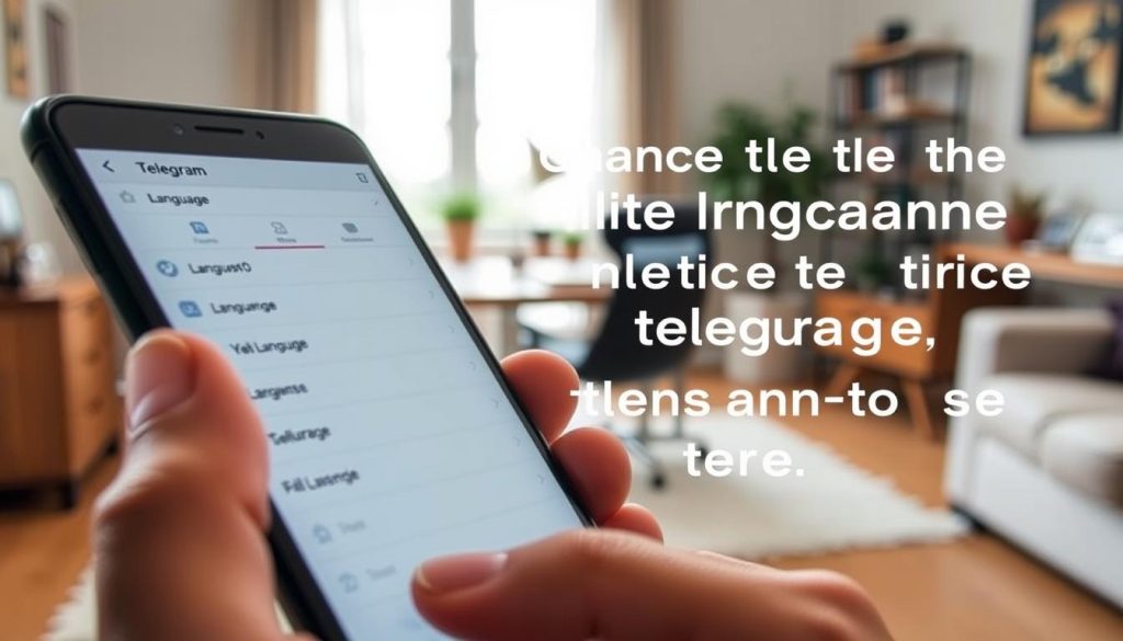 A visually informative and engaging tutorial-style image depicting the process of changing the language settings in the Telegram app. In the foreground, a close-up of a smartphone screen shows the Telegram interface with the settings menu visible, highlighting the language option. The middle ground features a person's hands, dressed in professional attire, interacting with the screen, suggesting user involvement. The background is a cozy home office setting with soft, natural lighting to create an inviting atmosphere, emphasizing a sense of ease and clarity. The image captures a moment of digital exploration, showcasing the process of customization within the app, while maintaining a clean and focused aesthetic without any text or distractions. A visually informative and engaging tutorial-style image depicting the process of changing the language settings in the Telegram app. In the foreground, a close-up of a smartphone screen shows the Telegram interface with the settings menu visible, highlighting the language option. The middle ground features a person's hands, dressed in professional attire, interacting with the screen, suggesting user involvement. The background is a cozy home office setting with soft, natural lighting to create an inviting atmosphere, emphasizing a sense of ease and clarity. The image captures a moment of digital exploration, showcasing the process of customization within the app, while maintaining a clean and focused aesthetic without any text or distractions.