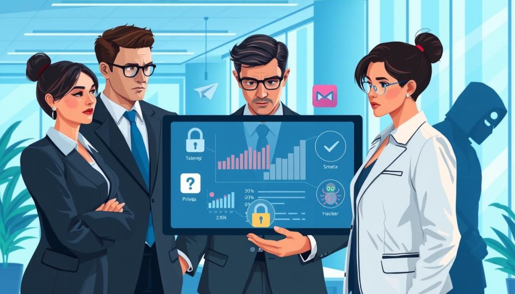 A visually striking illustration representing potential risks associated with using Telegram, set in a modern office environment. In the foreground, a diverse group of three professionals in business attire, observing a digital screen displaying data privacy graphs, with concerned expressions. In the middle, icons symbolizing security threats like a locked padlock, a virus, and a hacker silhouette appear around the screen, emphasizing a sense of urgency. The background showcases a sleek, high-tech workspace with soft blue tones, illuminated by natural light pouring in through large windows. This ambiance should evoke a blend of professionalism and caution, enhancing the theme of awareness and security in digital communications. The overall mood should reflect vigilance and the importance of safeguarding personal information. A visually striking illustration representing potential risks associated with using Telegram, set in a modern office environment. In the foreground, a diverse group of three professionals in business attire, observing a digital screen displaying data privacy graphs, with concerned expressions. In the middle, icons symbolizing security threats like a locked padlock, a virus, and a hacker silhouette appear around the screen, emphasizing a sense of urgency. The background showcases a sleek, high-tech workspace with soft blue tones, illuminated by natural light pouring in through large windows. This ambiance should evoke a blend of professionalism and caution, enhancing the theme of awareness and security in digital communications. The overall mood should reflect vigilance and the importance of safeguarding personal information.
