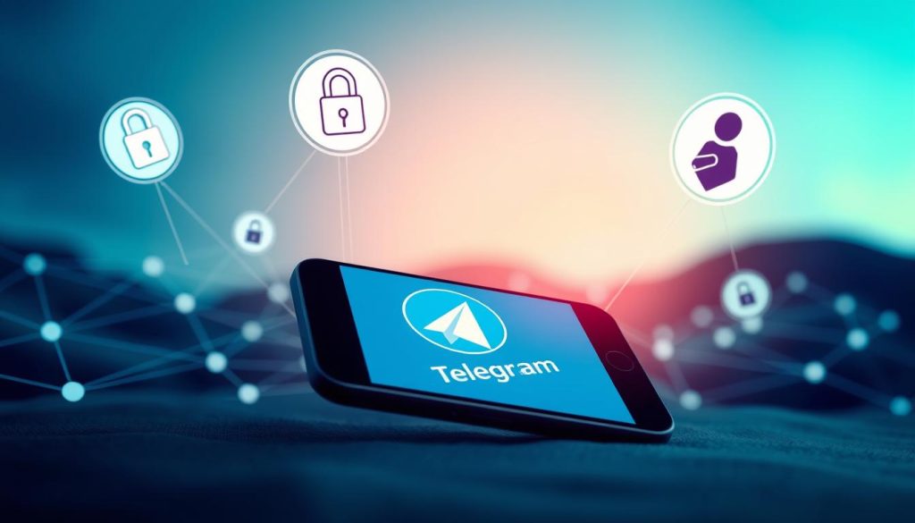 A visually striking image representing Telegram's privacy protection features, set in a digital landscape. In the foreground, a stylized smartphone displays the Telegram logo prominently, surrounded by floating icons symbolizing encryption, secure chats, and user privacy—represented by padlocks and shield icons. The middle ground features a network of interconnected lines and nodes, illustrating the concept of secure communication. In the background, a subtle gradient of blue and green conveys a sense of technology and trust. Soft, ambient lighting highlights the smartphone and icons, creating a professional yet approachable atmosphere, suggesting safety and confidentiality in digital communications. The angle is slightly tilted to add depth, focusing on the smartphone while seamlessly blending with the network design. A visually striking image representing Telegram's privacy protection features, set in a digital landscape. In the foreground, a stylized smartphone displays the Telegram logo prominently, surrounded by floating icons symbolizing encryption, secure chats, and user privacy—represented by padlocks and shield icons. The middle ground features a network of interconnected lines and nodes, illustrating the concept of secure communication. In the background, a subtle gradient of blue and green conveys a sense of technology and trust. Soft, ambient lighting highlights the smartphone and icons, creating a professional yet approachable atmosphere, suggesting safety and confidentiality in digital communications. The angle is slightly tilted to add depth, focusing on the smartphone while seamlessly blending with the network design.