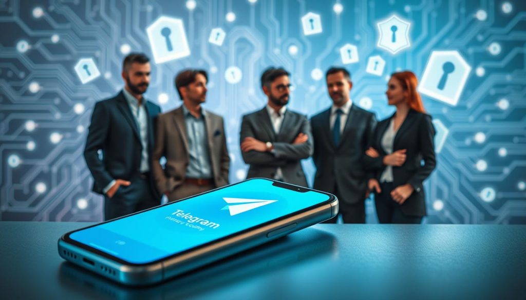 A visually striking representation of the concept of "Telegram安全," showcasing the themes of privacy and security. In the foreground, a smooth, modern smartphone displays the Telegram app interface, glowing softly with a blue and green color scheme. In the middle ground, a diverse group of three professionals—two men in smart casual attire and one woman in a business suit—are engaged in a serious discussion, their expressions focused and confident. The background features a stylized digital world with abstract circuit patterns and floating security icons, creating a high-tech atmosphere. Soft, ambient lighting accentuates the scene, casting gentle shadows that enhance depth. The composition conveys a mood of trust and protection, emphasizing the importance of secure communication on Telegram. A visually striking representation of the concept of "Telegram安全," showcasing the themes of privacy and security. In the foreground, a smooth, modern smartphone displays the Telegram app interface, glowing softly with a blue and green color scheme. In the middle ground, a diverse group of three professionals—two men in smart casual attire and one woman in a business suit—are engaged in a serious discussion, their expressions focused and confident. The background features a stylized digital world with abstract circuit patterns and floating security icons, creating a high-tech atmosphere. Soft, ambient lighting accentuates the scene, casting gentle shadows that enhance depth. The composition conveys a mood of trust and protection, emphasizing the importance of secure communication on Telegram.