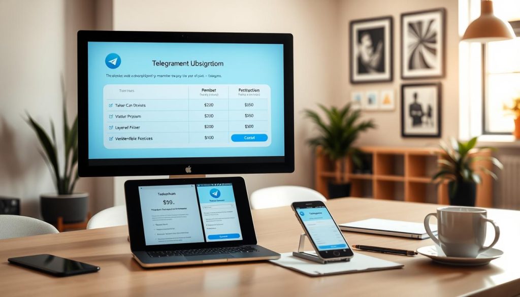 A well-designed workspace featuring a computer screen displaying the Telegram premium subscription pricing details. In the foreground, a neatly arranged desk with a stylish laptop and a smartphone showing the Telegram app interface, indicating member options. The middle layer should include a sleek coffee cup and stationery, adding to the professional ambiance. In the background, a soft-focus wall with framed digital art that represents communication and technology. Bright, natural light streams in from a nearby window, creating a warm and inviting atmosphere. The image should evoke a sense of clarity and professionalism, highlighting the concept of online payment methods and membership pricing in a modern workspace. A well-designed workspace featuring a computer screen displaying the Telegram premium subscription pricing details. In the foreground, a neatly arranged desk with a stylish laptop and a smartphone showing the Telegram app interface, indicating member options. The middle layer should include a sleek coffee cup and stationery, adding to the professional ambiance. In the background, a soft-focus wall with framed digital art that represents communication and technology. Bright, natural light streams in from a nearby window, creating a warm and inviting atmosphere. The image should evoke a sense of clarity and professionalism, highlighting the concept of online payment methods and membership pricing in a modern workspace.