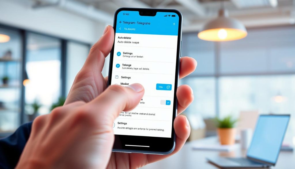 An illustration depicting the Telegram auto-delete setting for chat messages. Foreground: a vibrant smartphone screen displaying the Telegram app interface, with an emphasis on the settings menu showing auto-delete options. Middle: a pair of professional hands delicately navigating the screen, with fingers pointed towards the auto-delete toggle. Background: a softly blurred, modern office environment that suggests productivity and digital communication, with warm, natural lighting streaming in from a nearby window. The atmosphere should convey a sense of efficiency and organization, with a hint of technology-driven lifestyle. The image should be sharp and visually appealing, focusing on the user experience within the app. An illustration depicting the Telegram auto-delete setting for chat messages. Foreground: a vibrant smartphone screen displaying the Telegram app interface, with an emphasis on the settings menu showing auto-delete options. Middle: a pair of professional hands delicately navigating the screen, with fingers pointed towards the auto-delete toggle. Background: a softly blurred, modern office environment that suggests productivity and digital communication, with warm, natural lighting streaming in from a nearby window. The atmosphere should convey a sense of efficiency and organization, with a hint of technology-driven lifestyle. The image should be sharp and visually appealing, focusing on the user experience within the app.