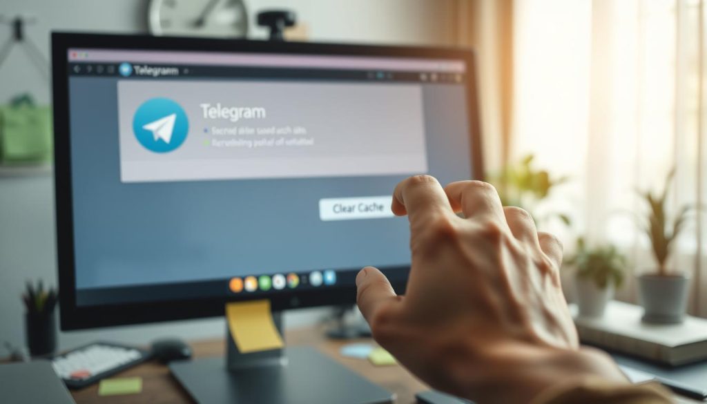 An organized workspace featuring a computer screen displaying the Telegram app with a user interface indicating cached data. In the foreground, a hand reaches towards the screen, poised to click a 'Clear Cache' button, symbolizing action. The middle layer shows a blurred view of the desktop cluttered with sticky notes and a plant, creating a relatable atmosphere. The background consists of a subtle out-of-focus room with soft natural light streaming in from a nearby window, giving a warm and productive mood. The overall color palette should be a mix of calming blues and greens to convey a sense of clarity and organization. The image should evoke the feeling of simplicity and efficiency in the process of managing digital storage. An organized workspace featuring a computer screen displaying the Telegram app with a user interface indicating cached data. In the foreground, a hand reaches towards the screen, poised to click a 'Clear Cache' button, symbolizing action. The middle layer shows a blurred view of the desktop cluttered with sticky notes and a plant, creating a relatable atmosphere. The background consists of a subtle out-of-focus room with soft natural light streaming in from a nearby window, giving a warm and productive mood. The overall color palette should be a mix of calming blues and greens to convey a sense of clarity and organization. The image should evoke the feeling of simplicity and efficiency in the process of managing digital storage.