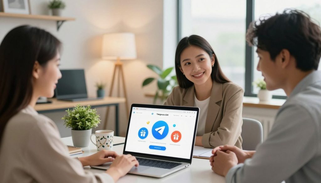 A bright and inviting digital workspace showcasing the Telegram gift feature. In the foreground, a diverse group of three professionals—two women and one man, all in smart casual attire—are gathered around a laptop displaying the Telegram interface with vibrant gift icons. The middle ground features a cozy desk adorned with decorative items symbolizing community and connection, like a small plant and a stylish coffee mug. The background reveals a modern office environment with soft lighting, and a large window letting in natural light, creating a warm atmosphere. The overall mood is collaborative and friendly, emphasizing a productive and innovative space ready for sharing gifts on Telegram. A bright and inviting digital workspace showcasing the Telegram gift feature. In the foreground, a diverse group of three professionals—two women and one man, all in smart casual attire—are gathered around a laptop displaying the Telegram interface with vibrant gift icons. The middle ground features a cozy desk adorned with decorative items symbolizing community and connection, like a small plant and a stylish coffee mug. The background reveals a modern office environment with soft lighting, and a large window letting in natural light, creating a warm atmosphere. The overall mood is collaborative and friendly, emphasizing a productive and innovative space ready for sharing gifts on Telegram.
