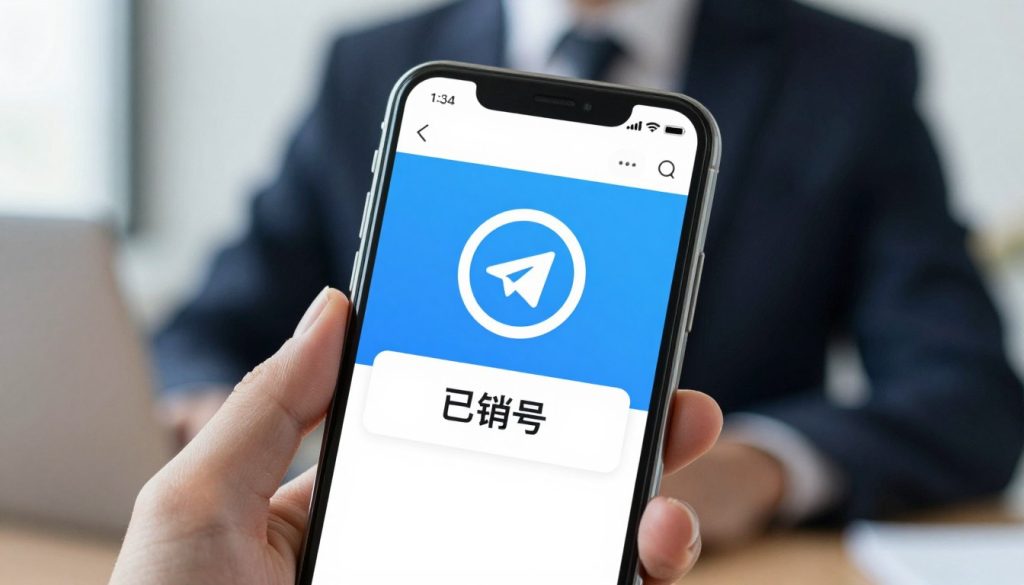 特写镜头展现了一部智能手机屏幕,屏幕上显示着 Telegram 个人资料,醒目的“已销号”(账号已注销)图标清晰可见。前景中,一位身着商务正装的男士手持这款时尚的手机。中景则展现了 Telegram 界面鲜艳的色彩和设计,重点突出了清晰可见的“已销号”通知。背景柔和虚化,暗示着现代办公环境,柔和的漫射灯光营造出一种专注而又不失沉稳的氛围。整体基调严肃而信息丰富,既体现了账号状态通知的性质,又保持了专业和商务的审美风格。 特写镜头展现了一部智能手机屏幕,屏幕上显示着 Telegram 个人资料,醒目的“已销号”(账号已注销)图标清晰可见。前景中,一位身着商务正装的男士手持这款时尚的手机。中景则展现了 Telegram 界面鲜艳的色彩和设计,重点突出了清晰可见的“已销号”通知。背景柔和虚化,暗示着现代办公环境,柔和的漫射灯光营造出一种专注而又不失沉稳的氛围。整体基调严肃而信息丰富,既体现了账号状态通知的性质,又保持了专业和商务的审美风格。
