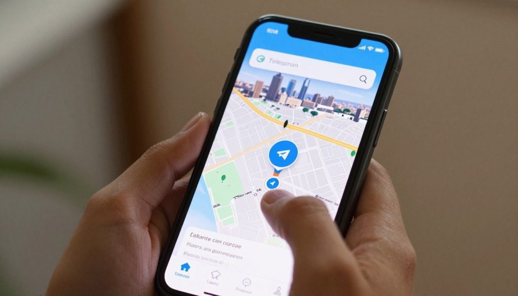 A close-up scene showcasing a person using an iPhone with the Telegram app open, displaying the location sharing feature on a map. The foreground features the hand of a user, elegantly tapping on the screen, which lights up with a vibrant map interface. In the middle, the iPhone screen should show distinct markers and GPS symbols, with a clear view of a familiar area in the background, hinting at a cityscape with recognizable landmarks. Soft, natural lighting should illuminate the scene, creating a warm, inviting atmosphere. The focus should be sharp on the phone while the background gently blurs, ensuring the viewer's attention remains on the device and the map interface. The mood should convey a sense of connection and convenience in sharing location information with friends.