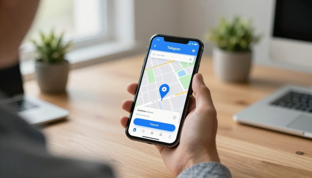 A close-up view of a smartphone screen displaying the Telegram app's location sharing feature. The phone is held by a person in professional casual attire, sitting at a wooden desk. The screen shows a map with a pin indicating a specific location, surrounded by icons for sharing options. In the background, soft natural light filters through a window, creating a warm and inviting atmosphere. The background is decorated with a few potted plants and a minimalistic workspace to convey a modern and organized look. Capture the detail of the smartphone's interface, focusing on clarity and the ease of the location sharing process. The overall mood should be informative and tech-savvy, emphasizing communication and connectivity.