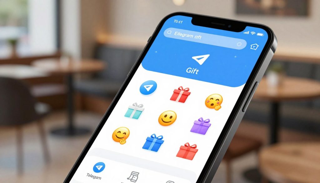 A detailed illustration of a user interface for the Telegram gift-giving feature, focusing on the gift selection screen. In the foreground, showcase a sleek smartphone displaying the Telegram app, highlighting an elegant gift selection interface with various digital gift icons, like emojis and virtual items, brightly colored and visually appealing. The middle layer includes light reflections on the phone's screen, indicating interactivity, while soft shadows create depth. In the background, a subtle café setting suggests a casual yet professional atmosphere, with soft lighting that emphasizes the phone and its screen. Capture the mood of excitement and simplicity in gifting, conveying a sense of modern communication and user-friendly design. A detailed illustration of a user interface for the Telegram gift-giving feature, focusing on the gift selection screen. In the foreground, showcase a sleek smartphone displaying the Telegram app, highlighting an elegant gift selection interface with various digital gift icons, like emojis and virtual items, brightly colored and visually appealing. The middle layer includes light reflections on the phone's screen, indicating interactivity, while soft shadows create depth. In the background, a subtle café setting suggests a casual yet professional atmosphere, with soft lighting that emphasizes the phone and its screen. Capture the mood of excitement and simplicity in gifting, conveying a sense of modern communication and user-friendly design.