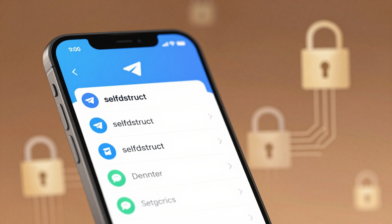 A digital illustration of the Telegram privacy settings screen, focusing on the "self-destruct" feature. In the foreground, a sleek smartphone is displayed prominently, showing a vibrant and detailed interface with clear icons for chat and privacy settings. The middle layer features a subtle glow from the phone, enhancing its importance. In the background, an abstract representation of digital security, like floating padlocks or circuit patterns, adds context without overwhelming the main focus. Warm, soft lighting creates a safe and modern atmosphere, while the angle captures the smartphone at a slight tilt, inviting viewers to engage with the content. The overall mood conveys security and simplicity, reflecting the ease of using Telegram's privacy features.
