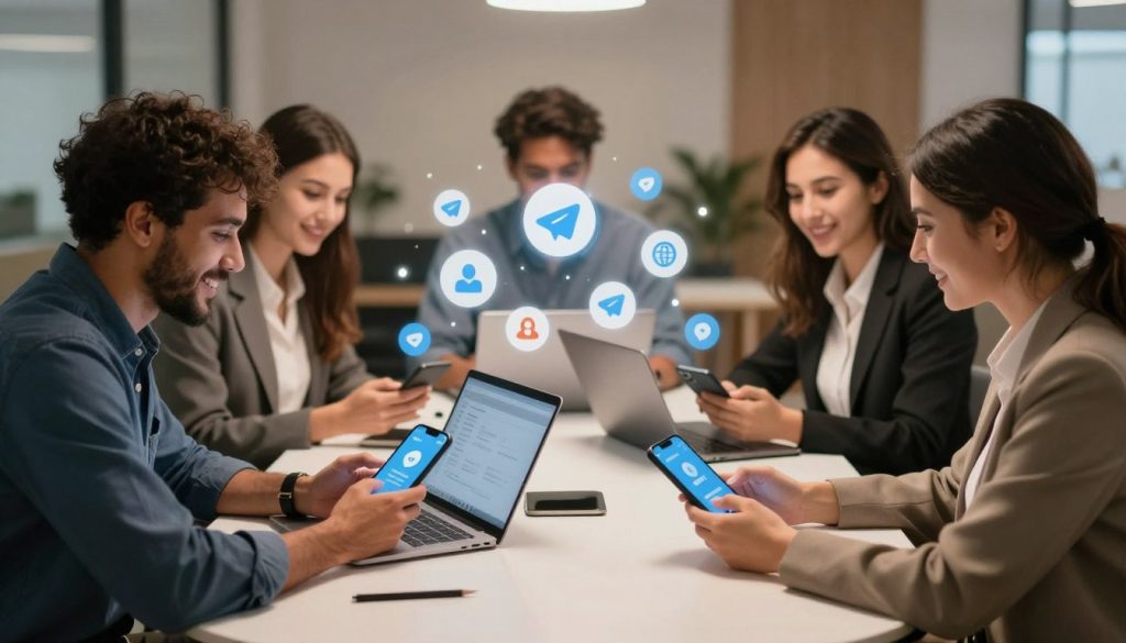 A dynamic group scene showcasing individuals engaged in a lively discussion within a modern Telegram group setting. In the foreground, three diverse professionals—two men in smart casual attire and one woman in professional business clothing—are sharing their contact information from smartphones, with visual cues indicating a digital interface. The middle ground features a round conference table filled with laptops and tablets, indicating collaboration on sharing multiple contacts efficiently. The background displays an office-like environment with soft lighting casting a warm, inviting atmosphere. A subtle futuristic touch is added with digital icons representing various contact methods floating in the air. The overall mood is focused and cooperative, capturing the essence of teamwork and networking through technology. A dynamic group scene showcasing individuals engaged in a lively discussion within a modern Telegram group setting. In the foreground, three diverse professionals—two men in smart casual attire and one woman in professional business clothing—are sharing their contact information from smartphones, with visual cues indicating a digital interface. The middle ground features a round conference table filled with laptops and tablets, indicating collaboration on sharing multiple contacts efficiently. The background displays an office-like environment with soft lighting casting a warm, inviting atmosphere. A subtle futuristic touch is added with digital icons representing various contact methods floating in the air. The overall mood is focused and cooperative, capturing the essence of teamwork and networking through technology.