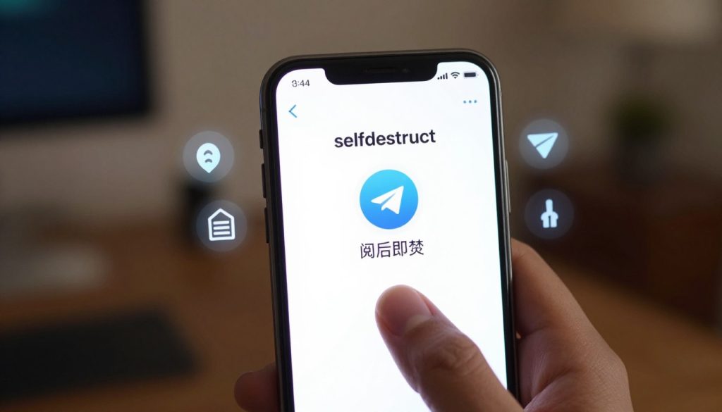 A modern smartphone displaying the Telegram app interface, with the focus on the "self-destruct" feature highlighted in a sleek, user-friendly design. The foreground features a finger poised over the screen, indicating the selection of the "阅后即焚" option in a secret chat. In the middle, soft glowing icons related to privacy and security surround the screen, illustrating a sense of protection. The background is a cozy, dimly lit room with a blurred outline of a desk and ambient lighting, evoking an intimate atmosphere. Use a shallow depth of field to keep the smartphone as the focal point, capturing the essence of secure and private communication. The overall mood should be modern, tech-savvy, and calm, inviting the viewer to explore the concept of ephemeral messaging.