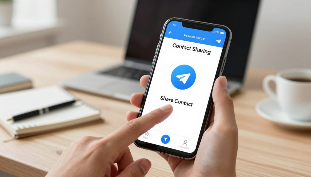 A professional digital illustration of a smartphone displaying the Telegram app interface, focusing on the "Contact Sharing" feature. In the foreground, highlight the smartphone in a human hand, with fingers poised as if about to tap a button labeled "Share Contact." The middle layer features a blurred background of a desk with a laptop, notebooks, and a coffee cup, indicating a casual yet professional workspace. Soft, natural lighting streams from the left, creating a warm and inviting atmosphere. The overall mood is productive and friendly, ideal for a user seeking solutions to sharing contacts on Telegram. Capture fine details such as app icons and realistic textures on the smartphone screen. A professional digital illustration of a smartphone displaying the Telegram app interface, focusing on the "Contact Sharing" feature. In the foreground, highlight the smartphone in a human hand, with fingers poised as if about to tap a button labeled "Share Contact." The middle layer features a blurred background of a desk with a laptop, notebooks, and a coffee cup, indicating a casual yet professional workspace. Soft, natural lighting streams from the left, creating a warm and inviting atmosphere. The overall mood is productive and friendly, ideal for a user seeking solutions to sharing contacts on Telegram. Capture fine details such as app icons and realistic textures on the smartphone screen.