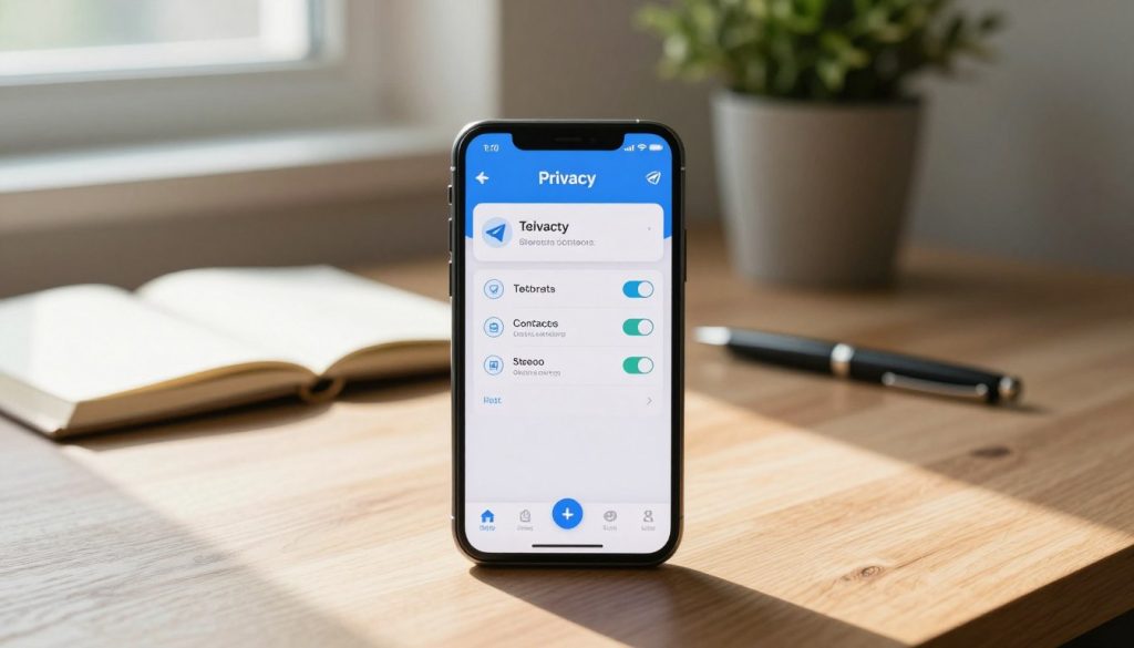 A serene digital workspace featuring a sleek smartphone displaying the Telegram app's privacy settings interface. In the foreground, the phone is centrally positioned on a lightly textured wooden desk, partially illuminated by natural sunlight filtering in from a nearby window. The screen shows a detailed view of privacy options for sharing contacts, featuring icons for toggling visibility and safety settings. In the middle ground, blurred elements of a stylish notebook and a modern pen suggest a professional ambiance. The background emphasizes a softly focused plant, adding a touch of greenery to the scene. The mood is calm and productive, enriching the theme of digital privacy. Use soft, diffused lighting to enhance the warmth of the workspace. A serene digital workspace featuring a sleek smartphone displaying the Telegram app's privacy settings interface. In the foreground, the phone is centrally positioned on a lightly textured wooden desk, partially illuminated by natural sunlight filtering in from a nearby window. The screen shows a detailed view of privacy options for sharing contacts, featuring icons for toggling visibility and safety settings. In the middle ground, blurred elements of a stylish notebook and a modern pen suggest a professional ambiance. The background emphasizes a softly focused plant, adding a touch of greenery to the scene. The mood is calm and productive, enriching the theme of digital privacy. Use soft, diffused lighting to enhance the warmth of the workspace.