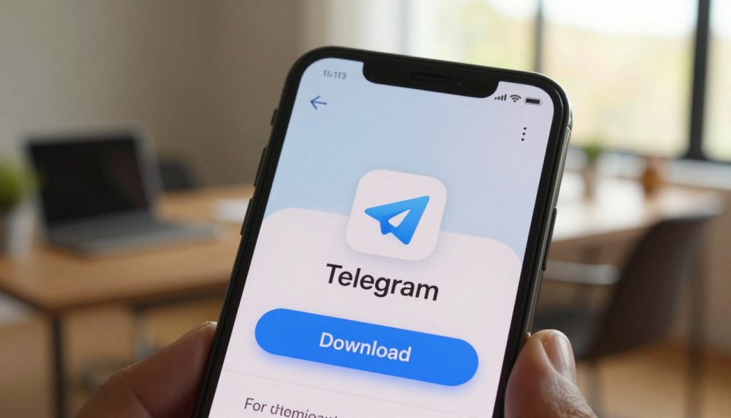 A sleek and modern interface of the Telegram application download screen displayed on a smartphone. The foreground features a close-up view of the phone, showing the Telegram logo prominently on the screen with an eye-catching download button. The middle layer includes a blurred background of a stylish workspace with warm, natural lighting filtering through a window, creating a welcoming atmosphere. Subtle reflections on the phone's screen showcase the surrounding environment, emphasizing clarity and ease of use. The scene is composed with a slight angle, adding depth and perspective. The overall mood is friendly and inviting, encouraging new users to explore the app. A sleek and modern interface of the Telegram application download screen displayed on a smartphone. The foreground features a close-up view of the phone, showing the Telegram logo prominently on the screen with an eye-catching download button. The middle layer includes a blurred background of a stylish workspace with warm, natural lighting filtering through a window, creating a welcoming atmosphere. Subtle reflections on the phone's screen showcase the surrounding environment, emphasizing clarity and ease of use. The scene is composed with a slight angle, adding depth and perspective. The overall mood is friendly and inviting, encouraging new users to explore the app.