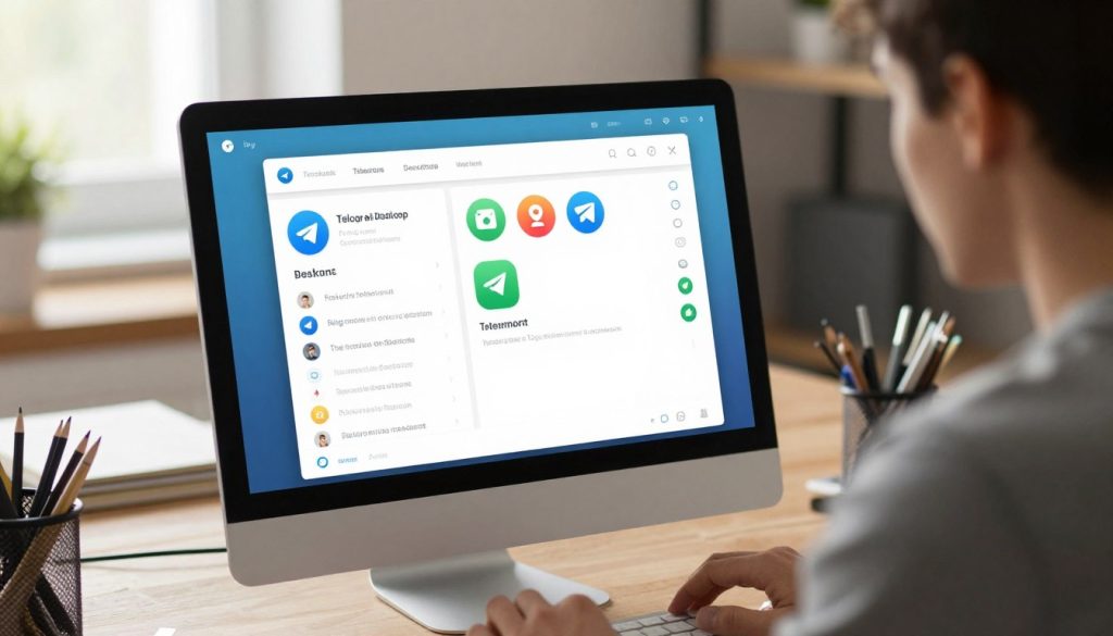 A sleek, modern computer setup showcasing a Telegram desktop app interface prominently displayed on the screen. In the foreground, a person in smart casual clothing is attentively using the computer, navigating the app with a focused expression. The middle ground features a close-up of the Telegram window, highlighting the user-friendly options for sharing contact information, including colorful icons and the contact list. In the background, there is a subtly out-of-focus desk filled with office supplies, conveying a professional atmosphere. Soft, even lighting enhances the clarity of the screen, while natural light streams in from a nearby window, creating a warm and inviting mood. The angle captures both the user and the screen, emphasizing the ease of sharing contacts through Telegram. A sleek, modern computer setup showcasing a Telegram desktop app interface prominently displayed on the screen. In the foreground, a person in smart casual clothing is attentively using the computer, navigating the app with a focused expression. The middle ground features a close-up of the Telegram window, highlighting the user-friendly options for sharing contact information, including colorful icons and the contact list. In the background, there is a subtly out-of-focus desk filled with office supplies, conveying a professional atmosphere. Soft, even lighting enhances the clarity of the screen, while natural light streams in from a nearby window, creating a warm and inviting mood. The angle captures both the user and the screen, emphasizing the ease of sharing contacts through Telegram.