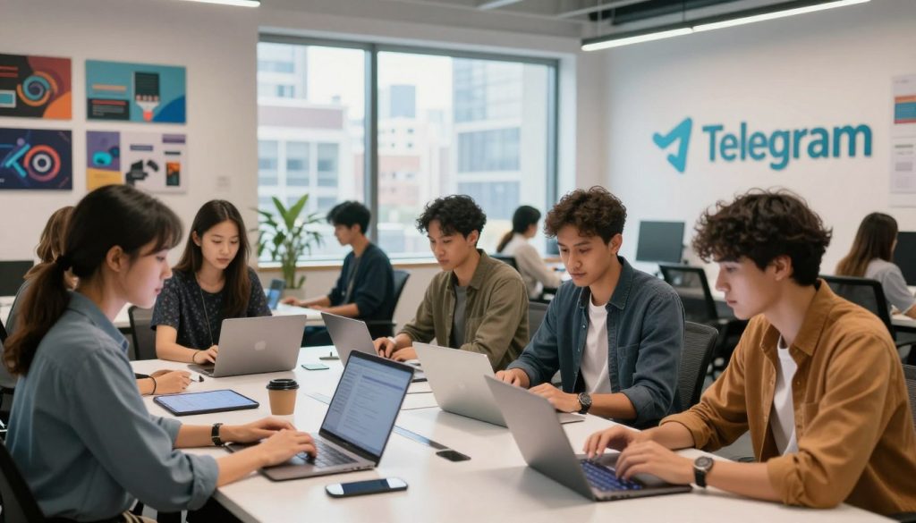 A vibrant interior of a modern tech office symbolizing the birthplace of Telegram, featuring sleek furniture and innovative design elements. In the foreground, a group of diverse young professionals wearing smart casual attire collaborate around a high-tech table, using laptops and tablets. In the middle, a large window showcases city views, creating a sense of openness and inspiration. The background highlights a wall adorned with inspirational tech-related artwork and the Telegram logo. Soft, natural lighting fills the room, creating a warm and inviting atmosphere, while a subtle lens blur emphasizes the professionals' focused expressions. The scene captures an ambiance of creativity and ambition, reflecting the foundation of a groundbreaking communication platform. A vibrant interior of a modern tech office symbolizing the birthplace of Telegram, featuring sleek furniture and innovative design elements. In the foreground, a group of diverse young professionals wearing smart casual attire collaborate around a high-tech table, using laptops and tablets. In the middle, a large window showcases city views, creating a sense of openness and inspiration. The background highlights a wall adorned with inspirational tech-related artwork and the Telegram logo. Soft, natural lighting fills the room, creating a warm and inviting atmosphere, while a subtle lens blur emphasizes the professionals' focused expressions. The scene captures an ambiance of creativity and ambition, reflecting the foundation of a groundbreaking communication platform.