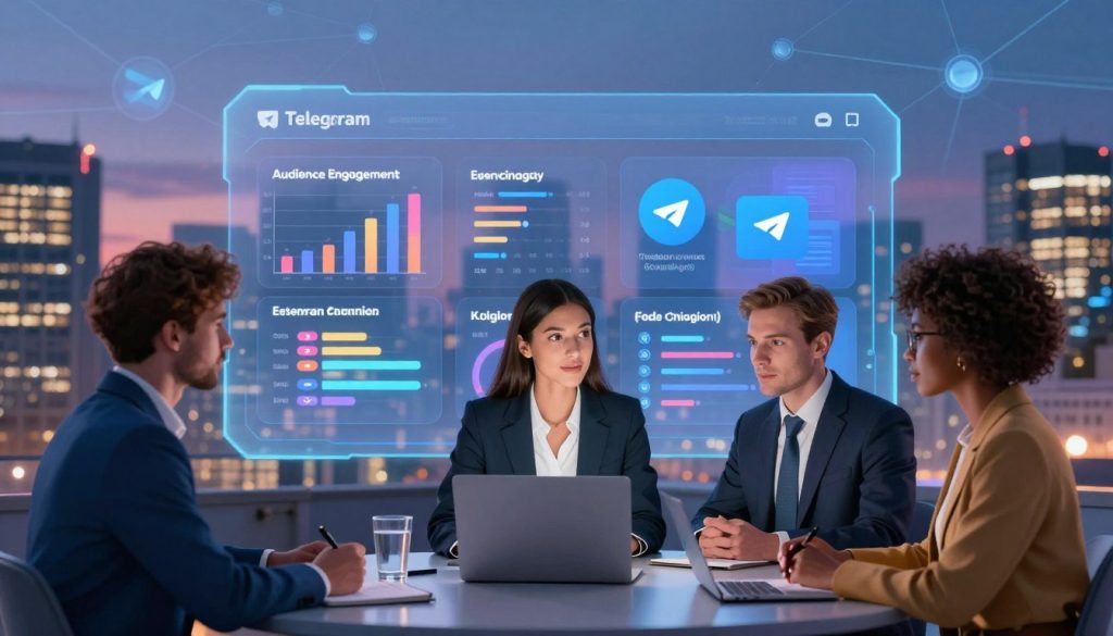 A visually captivating illustration depicting the advantages of Telegram channels in a modern digital landscape. In the foreground, a diverse group of three professionals engaged in a discussion, each wearing smart business attire, visually representing collaboration and innovation. In the middle ground, a digital interface showcasing insights such as audience engagement metrics, easy sharing features, and multimedia integration, with vibrant charts and icons. The background features a sleek city skyline at dusk, illuminated by city lights, symbolizing connectivity and communication. The overall atmosphere should be dynamic and forward-thinking, with soft yet vivid lighting that highlights the technological aspects while creating an inviting mood. The image should evoke a sense of opportunity and modernity. A visually captivating illustration depicting the advantages of Telegram channels in a modern digital landscape. In the foreground, a diverse group of three professionals engaged in a discussion, each wearing smart business attire, visually representing collaboration and innovation. In the middle ground, a digital interface showcasing insights such as audience engagement metrics, easy sharing features, and multimedia integration, with vibrant charts and icons. The background features a sleek city skyline at dusk, illuminated by city lights, symbolizing connectivity and communication. The overall atmosphere should be dynamic and forward-thinking, with soft yet vivid lighting that highlights the technological aspects while creating an inviting mood. The image should evoke a sense of opportunity and modernity.