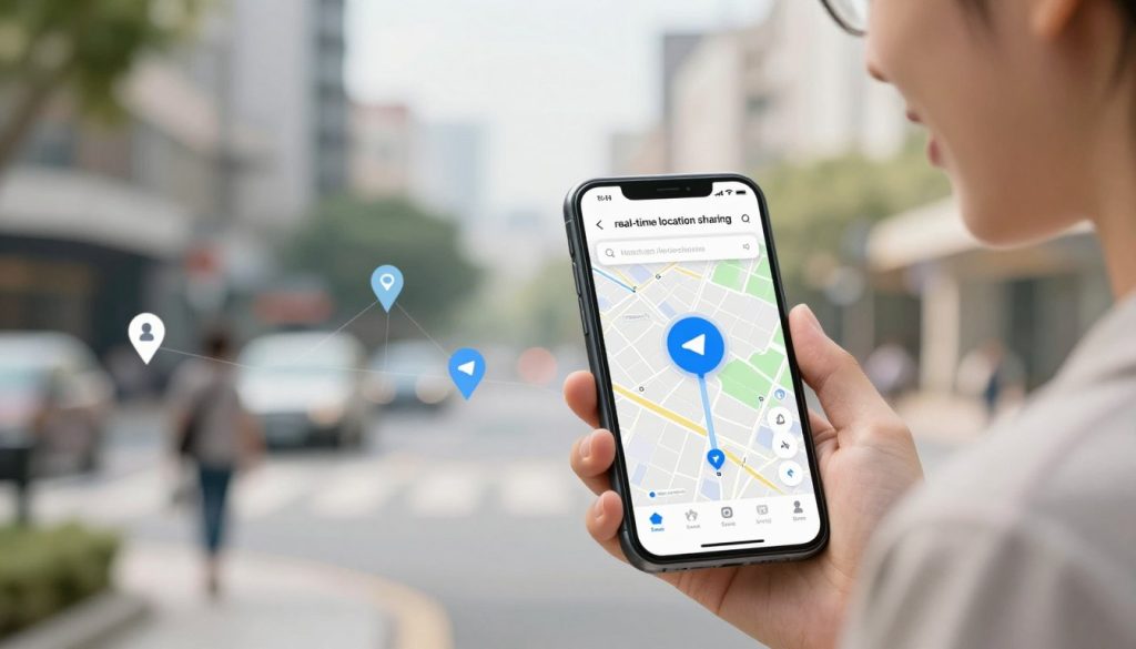 A visually engaging illustration depicting the concept of "real-time location sharing" on Telegram. In the foreground, show a smartphone with the Telegram app open, displaying a clear map interface with a bright blue dot indicating the user's location. The device should be held by a person, dressed in smart casual clothing, smiling as they interact with the app. In the middle ground, include subtle representations of various map icons like pins or routes that hint at user connections. The background should feature a scenic urban environment, with soft natural lighting creating a friendly and inviting atmosphere, emphasizing the importance of connection and communication. Use a wide-angle perspective to capture the essence of navigating and sharing locations efficiently.
