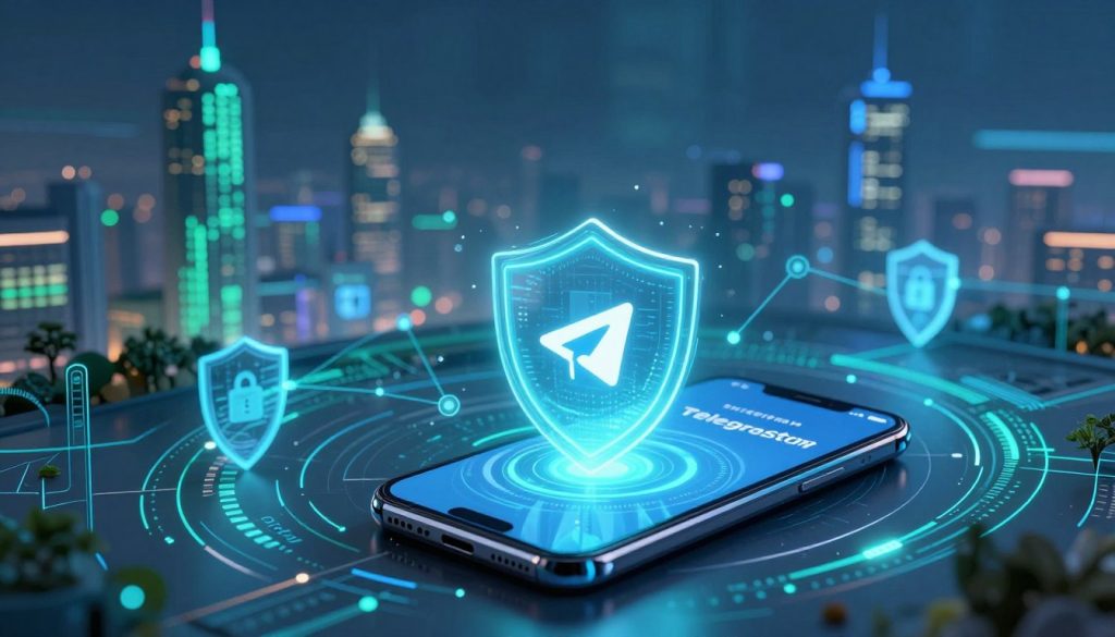 A visually engaging representation of "Telegram信息安全," showcasing a futuristic digital landscape that embodies advanced security and privacy concepts. In the foreground, a sleek, modern smartphone displays the Telegram logo prominently, surrounded by a glowing digital shield symbolizing encryption. The middle ground features abstract data streams and interconnected nodes, illustrating secure communication pathways. In the background, an ethereal city skyline bathed in soft blue and green ambient light conveys a sense of technology and modernity. The atmosphere should exude safety, innovation, and trust, with a slight mist creating depth. Use a high-angle shot for an immersive perspective, focusing on the interplay of light and shadow to enhance the security theme. A visually engaging representation of "Telegram信息安全," showcasing a futuristic digital landscape that embodies advanced security and privacy concepts. In the foreground, a sleek, modern smartphone displays the Telegram logo prominently, surrounded by a glowing digital shield symbolizing encryption. The middle ground features abstract data streams and interconnected nodes, illustrating secure communication pathways. In the background, an ethereal city skyline bathed in soft blue and green ambient light conveys a sense of technology and modernity. The atmosphere should exude safety, innovation, and trust, with a slight mist creating depth. Use a high-angle shot for an immersive perspective, focusing on the interplay of light and shadow to enhance the security theme.