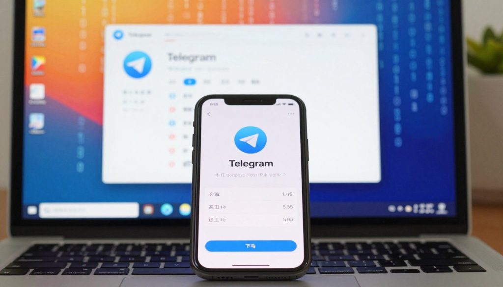 A visually striking and informative composition depicting the concept of downloading the Chinese language pack for Telegram. In the foreground, illustrate a sleek, modern smartphone displaying the Telegram logo on its screen, with a prominent download button highlighted. In the middle ground, include a soft-focus image of a computer screen with a vibrant desktop interface showcasing the Telegram application, demonstrating various language options including Chinese. The background features abstract digital elements like binary code or icons representing language and technology, creating a tech-savvy atmosphere. Use natural lighting to emphasize clarity and vibrancy, with a warm color palette to evoke a welcoming feel. The overall mood should convey efficiency and accessibility in technology, inviting viewers to engage with the content. A visually striking and informative composition depicting the concept of downloading the Chinese language pack for Telegram. In the foreground, illustrate a sleek, modern smartphone displaying the Telegram logo on its screen, with a prominent download button highlighted. In the middle ground, include a soft-focus image of a computer screen with a vibrant desktop interface showcasing the Telegram application, demonstrating various language options including Chinese. The background features abstract digital elements like binary code or icons representing language and technology, creating a tech-savvy atmosphere. Use natural lighting to emphasize clarity and vibrancy, with a warm color palette to evoke a welcoming feel. The overall mood should convey efficiency and accessibility in technology, inviting viewers to engage with the content.