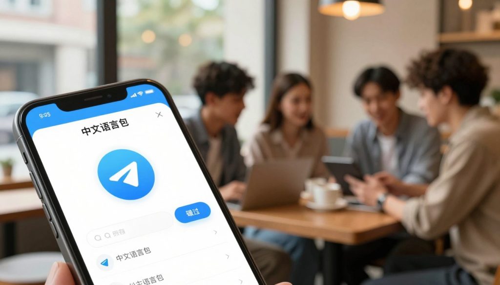 A visually striking image depicting a smartphone displaying the Telegram app interface in Chinese, prominently featuring the "中文语言包" (Chinese language pack) option. In the foreground, focus on the phone with a clean design, showcasing its vibrant colors and sharp resolution. The middle ground features a blurred café setting, with a cozy, inviting atmosphere, where a diverse group of young professionals is engaged in conversation, hinting at modern communication. The background should have soft, warm lighting filtering through large windows, enhancing the mood of productivity and collaboration. Use a slightly elevated angle to capture both the smartphone and the lively scene, emphasizing the connection between technology and communication in a contemporary, urban environment. A visually striking image depicting a smartphone displaying the Telegram app interface in Chinese, prominently featuring the "中文语言包" (Chinese language pack) option. In the foreground, focus on the phone with a clean design, showcasing its vibrant colors and sharp resolution. The middle ground features a blurred café setting, with a cozy, inviting atmosphere, where a diverse group of young professionals is engaged in conversation, hinting at modern communication. The background should have soft, warm lighting filtering through large windows, enhancing the mood of productivity and collaboration. Use a slightly elevated angle to capture both the smartphone and the lively scene, emphasizing the connection between technology and communication in a contemporary, urban environment.