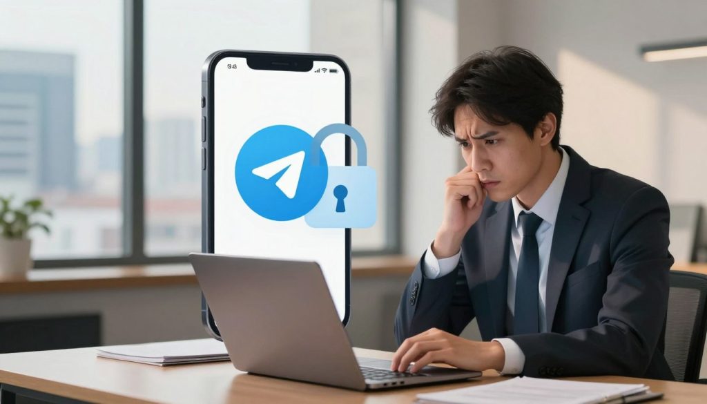 A digital illustration depicting the theme of Telegram account security. In the foreground, a professional individual in business attire sits at a desk with a laptop open, expressing concern while focused on the screen. The middle ground features a stylized lock icon overlaid on a smartphone screen displaying the Telegram logo, symbolizing account protection and security. The background showcases a softly blurred cityscape through an office window, implying a modern and tech-savvy environment. Warm, natural lighting filters in, creating a thoughtful and serious atmosphere, while emphasizing the importance of account safety. The composition captures a moment of introspection and urgency regarding account appeals and solutions after a ban. A digital illustration depicting the theme of Telegram account security. In the foreground, a professional individual in business attire sits at a desk with a laptop open, expressing concern while focused on the screen. The middle ground features a stylized lock icon overlaid on a smartphone screen displaying the Telegram logo, symbolizing account protection and security. The background showcases a softly blurred cityscape through an office window, implying a modern and tech-savvy environment. Warm, natural lighting filters in, creating a thoughtful and serious atmosphere, while emphasizing the importance of account safety. The composition captures a moment of introspection and urgency regarding account appeals and solutions after a ban.