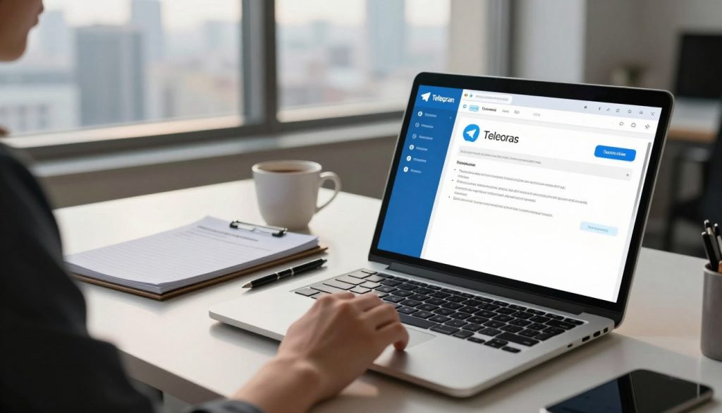 A professional setting depicting a modern office workspace, focusing on a sleek desk with a laptop displaying the Telegram app interface on the screen, which showcases the process of changing a phone number. In the foreground, a hand is gently reaching towards the laptop's touchpad, indicating interaction. In the middle ground, a notepad with securely written guidelines on account security sits alongside a cup of coffee. The background features a softly lit window with a view of a city skyline, enhancing the atmosphere of productivity and security. The lighting is warm and inviting, with a slightly blurred depth of field to emphasize the desk and the laptop. The mood is focused and serious, reflecting the importance of online security settings, and the overall composition is clean and professional. A professional setting depicting a modern office workspace, focusing on a sleek desk with a laptop displaying the Telegram app interface on the screen, which showcases the process of changing a phone number. In the foreground, a hand is gently reaching towards the laptop's touchpad, indicating interaction. In the middle ground, a notepad with securely written guidelines on account security sits alongside a cup of coffee. The background features a softly lit window with a view of a city skyline, enhancing the atmosphere of productivity and security. The lighting is warm and inviting, with a slightly blurred depth of field to emphasize the desk and the laptop. The mood is focused and serious, reflecting the importance of online security settings, and the overall composition is clean and professional.